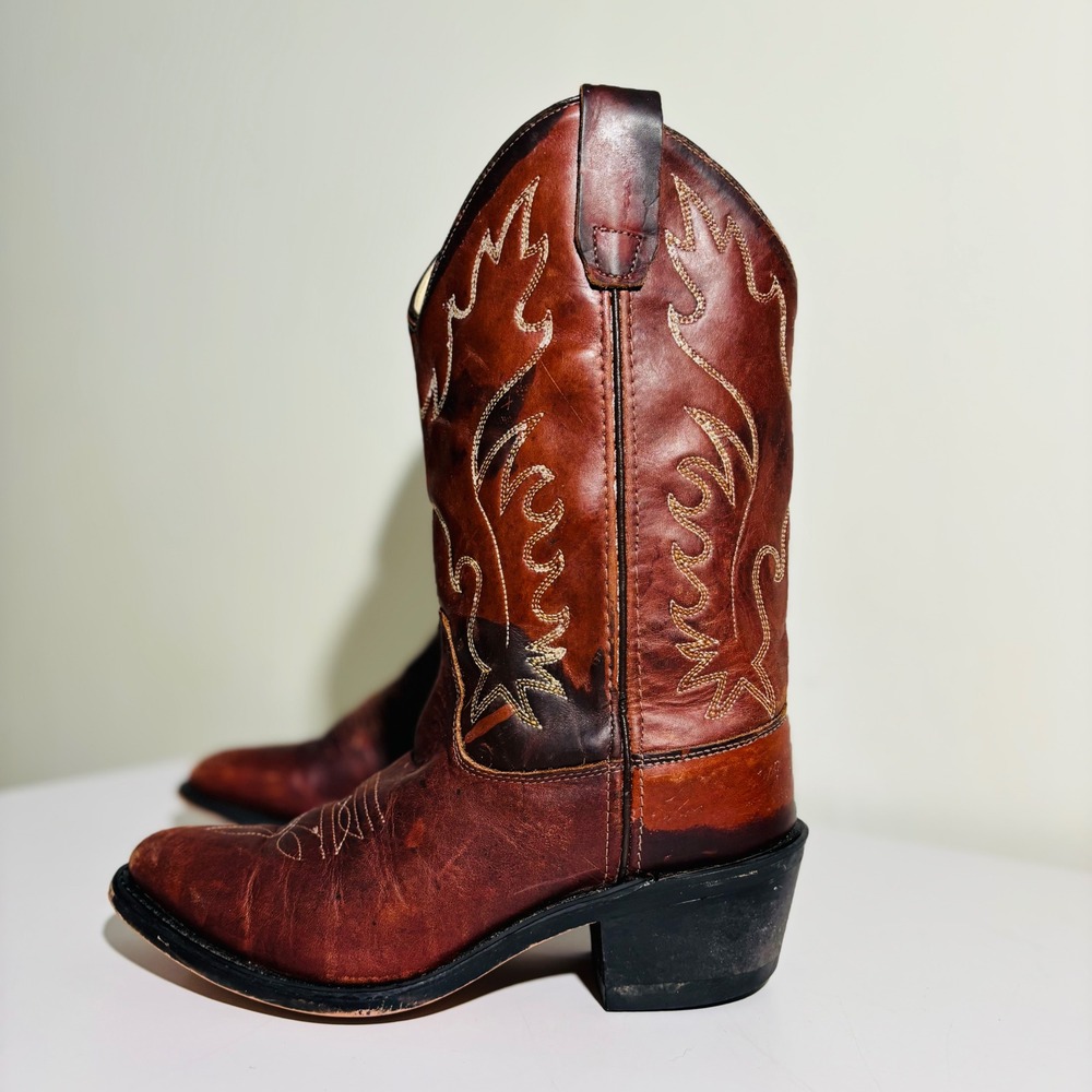 OLD‎ WEST CALF YOUTH WESTERN LEATHER BOOTS SIZE 4.5 - CCY8152G